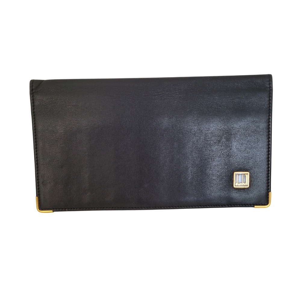 Dunhill Mens Black Leather Long Bi-Fold Wallet Gold Tone Corners Logo Pocket